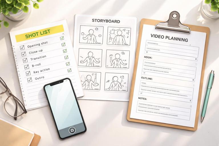 Illustration of three planning tools for short-form vertical video: a checklist labeled Shot List, a simple 6-panel storyboard sheet with stick-figure frames, and a one-page planning framework template on a clipboard; clean modern desk workspace, smartphone, pen, soft natural light, minimal flat design realism, vertical composition.