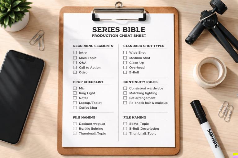 A one-page series bible production cheat sheet on a clipboard: headings for Recurring segments, Standard shot types, Prop checklist, Continuity rules, File naming; minimalist layout, checkboxes, clean typography; set on a creator’s desk with phone, tripod mini, marker, tape; natural light, vertical video creator vibe.