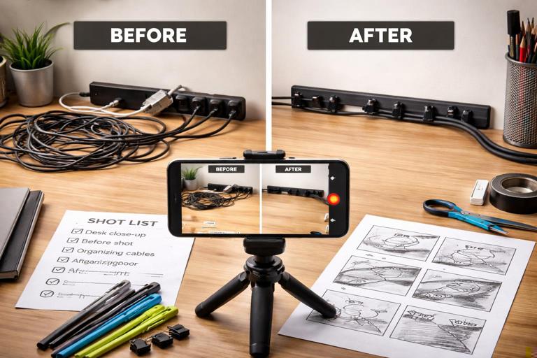 Vertical short-form video planning scene: a messy desk with tangled cables on the left and a neatly organized cable setup on the right, cable ties and clips visible, smartphone on a mini tripod recording, a printed shot list and 6-panel storyboard nearby; realistic, clean lighting, high clarity, before-and-after composition.